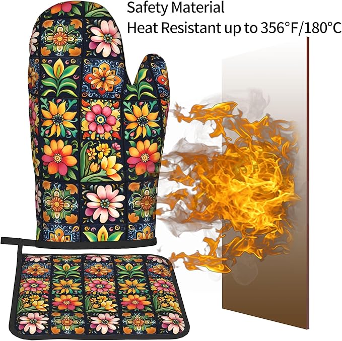 Mexican Oven Mitts and Pot Holders - Colorful Flowers Kitchen Mitt Sets of 2 Boho Oven Gloves Hot Pads for Cooking Baking Grilling