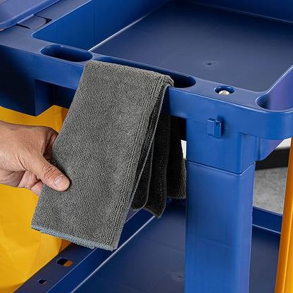 Restaurantware-Clean Tek Professional Janitor Cart with Wheels, 1 Cleaning Trolley with Cover and 18 Gallon Bag - 3 Shelves, Heavy-Duty, Blue Plastic Commercial Janitorial Cart, for Restaurants