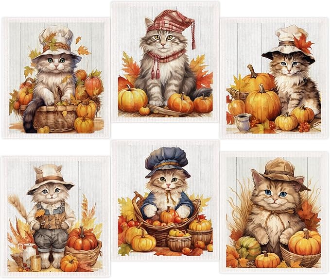 Swedish Dishcloths for Kitchen,6 Pack Fall Pumpkin Cat Swedish Dish Towels,Cellulose Sponge Cloths,Non Scratch Reusable Paper Towels, Biodegradable and Reusable Kitchen Dish Rags