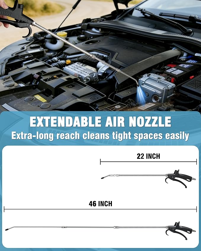 KEENTECH High-Volume Powerful Air Blow Gun, 22–46 Inch Extensible Air Nozzle Blow Gun, Extended Air Blower Gun for Dust Removal in Narrow Gap, Pneumatic Air Compressor Accessories Tool with 1/4" Plug