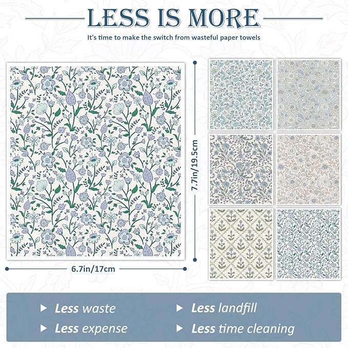 Quera Swedish Dishcloths for Kitchen Blue Botanical Floral Absorbent Cotton Kitchen Dish Towel for Party Home Housewarming Hand Washing Wipes 6.7 x 7.7 Inch, 6Pcs
