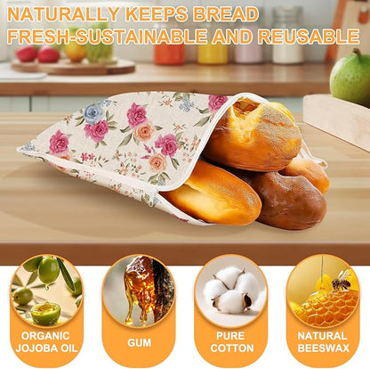 New L-shaped Zipper Beeswax Bread Bags 2 Pack, Floral Bread Bags for Homemade Bread, Natural Beeswax Lining Reusable Bread Bag for Bread Freshness Extends Shelf Life