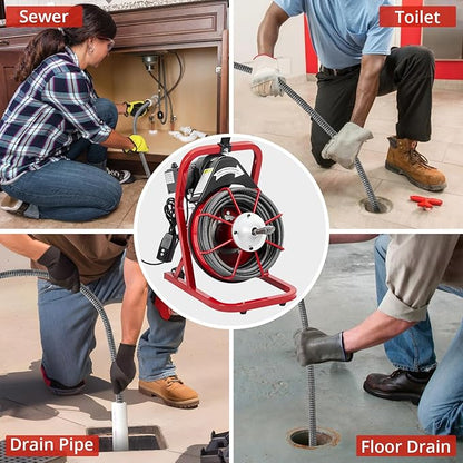 Drain Cleaner Machine 50FT x 3/8 Inch, Powerful Plumbing Auger with 4 Cutter Heads, Air-Activated Foot Switch, Gloves, Portable Sewer Snake for 1"-4" Pipes, Ideal for Bathroom and Kitchen Clogs