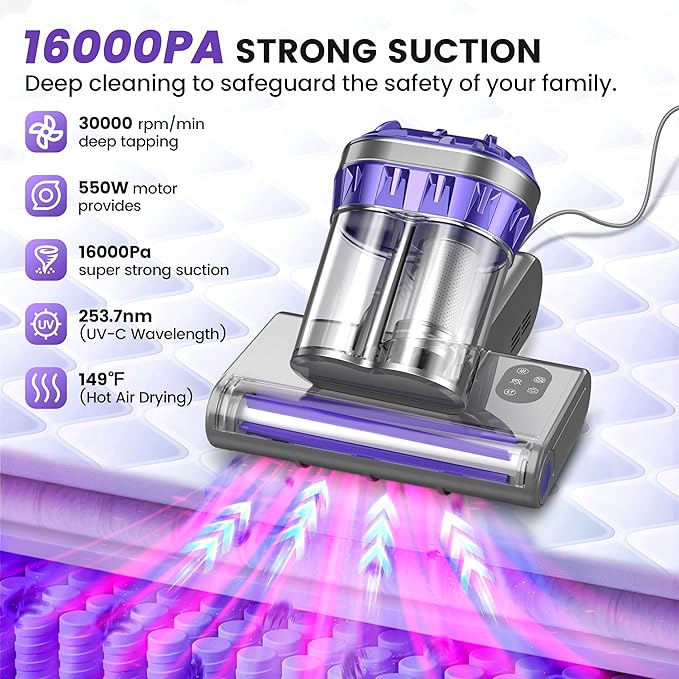 Mattress Vacuum Cleaner, Handheld Bed Vacuum Cleaner with 16Kpa Suction, 253.7nm UV-C Light & 149℉ Hot Air, 550W Double-Cup Handheld Vacuums