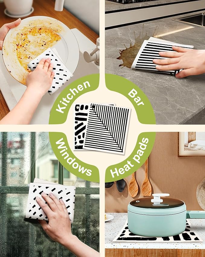 Miss Adola 6 Pack Swedish Dishcloths for Kitchen - Reusable Dish Cloths for Washing Dishes Absorbent Cute Funny Kitchen Towels Cleaning Sponge, Line Drawing