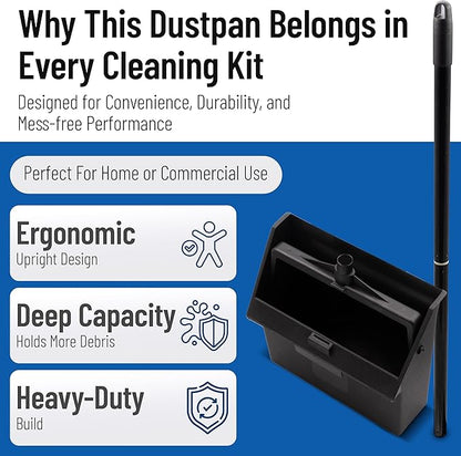Carlisle FoodService Products Standing Dustpan – Dust Pan with Long Handle, Serrated Edge, Pivoting Pan Design, for Home, Kitchen, Lobby, or Office, 30 Inch Plastic, Black