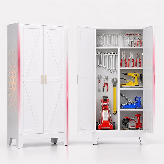 71" H Metal Garage Storage Cabinets,Broom Closet Storage Cabinet,Utility Cabinet,White Storage Cabinets