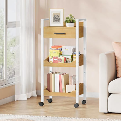 Hoctieon 3-Tier Rolling Storage Cart with Drawer, Rolling Utility Cart Organizer, Mobile Shelving Unit with Wheels, Metal Frame, Kitchen Utility Cart for Small Space, Office, Bathroom, Oak Beige