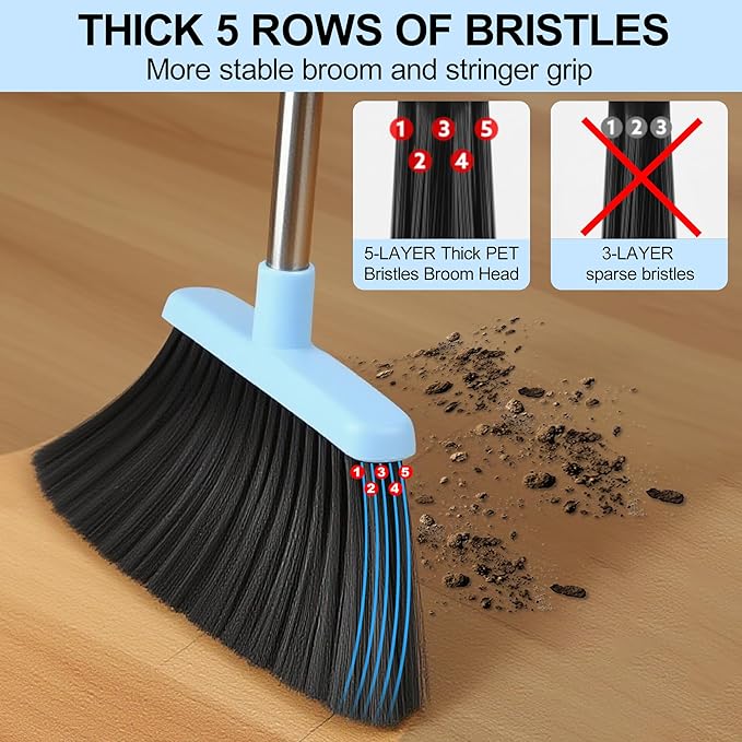 BSKLIN Broom and Dustpan Set House Brooms for Sweeping Indoor Collapsible Broom and Dust Pan Combo for Home Office Kitchen Lobby Floor Pet Hair (Small-Blue)