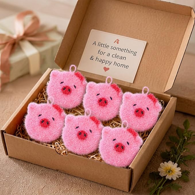 6 Piecs Cute Pig Shape Dish Sponge Dual Sided Non Scratch Pig Dish Washing Scrubbers, Reusable Household Cleaning Kitchen Tools for Dishwashing Washing Dishes Cookware