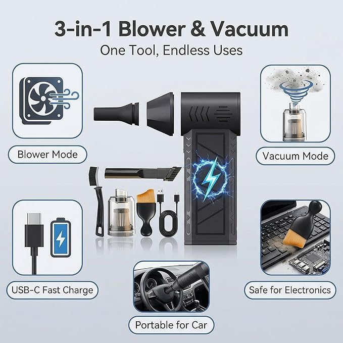 Electric Air Duster Vacuum 2-in-1, Canned Air Alternative Rechargeable Blower with 100,000 RPM, Mini Vacuum for Keyboard, PC, Car Interior, Home Cleaning(Black)