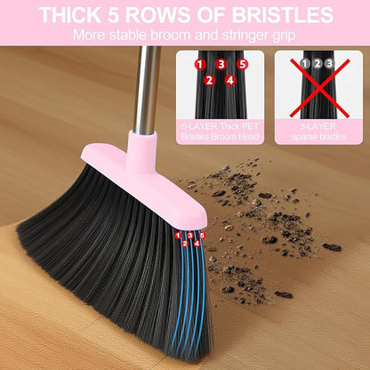 BSKLIN Pink Broom and Dustpan Set, 52-in Handle Broom Dustpan Combo Set Household Hand Broom with Dustpan Teeth to Clean Hair for Home Kitchen Office Lobby Sweeping Indoor（Pink）