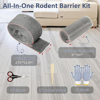 Steel Wool Mice Control, 3 Pack 2.75"*11.5FT Steel Wool & 1 Pack 5"*15FT Steel Mesh, Mouse Traps Fill Fabric DIY Kit, Hardware Cloth Gap Blocker Mouse Rat Rodent Control for Holes, Wall Cracks, Vents