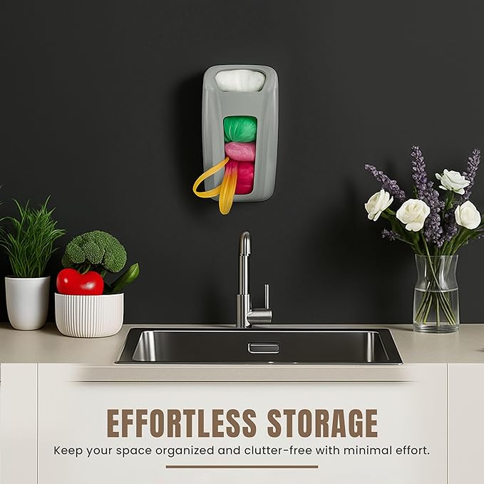 KICHLY Plastic Bags Holder, Durable Grocery Plastics Dispenser, Storage Organizer & Saver for Grocery, Shopping & Trash Bags, Wall Mount, Grey