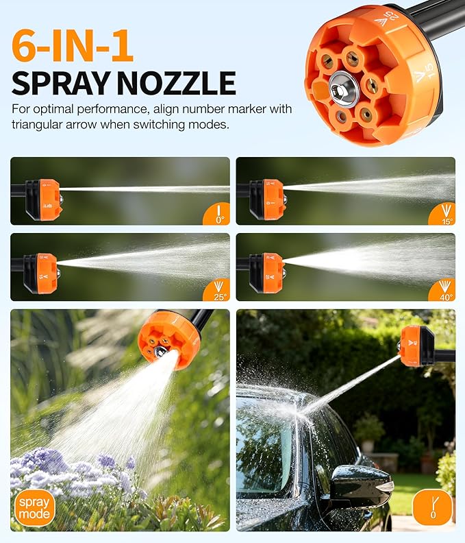 PoolLeader Cordless Car Cleaning Tool, Portable Vehicle Cleaner with 6-in-1 Nozzle, 16.5FT Drain Hose & Foam Cannon, Battery Powered Handheld Wash Machine for Car, Garden, Patio, Home