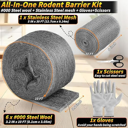 Steel Wool Mice Control, 6 Pack 3.2" x60 FT #000 Steel Wool Roll &1 Pack 5" x30 FT Wire Mesh, Mouse Hole Filler for House Garage Garden, Very Fine Stainless Steel Wool for Wood Metal Polishing