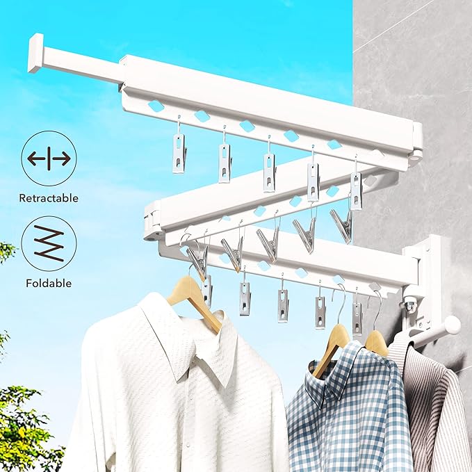 ZdwCyl Wall Mounted Clothes Hanger,Clothes Drying Rack,Laundry Rack Wall Mount,Drying Rack Clothing,Clothes Rack Retractable,Collapsible(Tri-Fold), with Windproof Holes & Clips,White Color