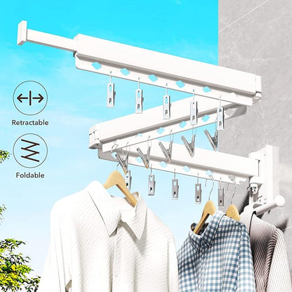 ZdwCyl Wall Mounted Clothes Hanger,Clothes Drying Rack,Laundry Rack Wall Mount,Drying Rack Clothing,Clothes Rack Retractable,Collapsible(Tri-Fold), with Windproof Holes & Clips,White Color