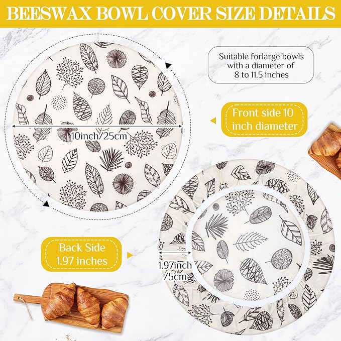 Hahafelt 4 Pcs Beeswax Bowl Covers Reusable Bowl Covers for Bread Proofing 10 Inch Elastic Cotton Cloth Sourdough Caps Stretchy Food Caps Leakproof Fresh for Dough Proofing and Food Storage(Leaf)