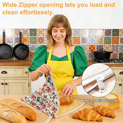 2-Pack Beeswax Lining Bread Bags for Bread Freshness, Reusable Beeswax Bread Bag for Sourdough, Floral Bees wax Bread Bags for Homemade Bread with Zipper | Zipper