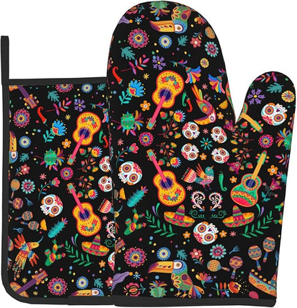 Mexican Oven Mitt Potholders Sets - Mexico Kitchen Mitts and Pot Holders Set of 2 Floral Skull Oven Gloves Hot Pads for Cooking Baking Grilling