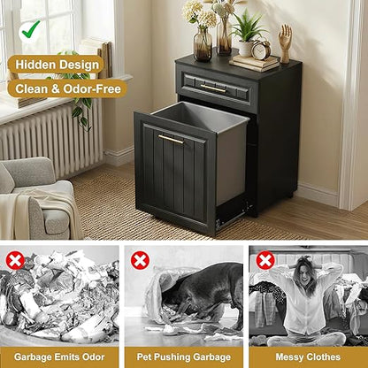 ZIFTY Pull Out Trash Can Cabinet for Double 7 Gallon or 13 Gallon Bin, Freestanding Kitchen Trash Bin Cabinet with Drawer, Pet Proof Hidden Garbage & Recycling Storage for Laundry & Living Room, Black