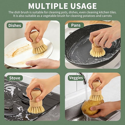 2 Pack Bamboo Dish Brush with Drain Holder - Natural Scrub Brush for Dish with Sisal Bristle, Wooden Dish Scrubber for Kitchen Cleaning Dishes, Pots, Pans and Vegetables