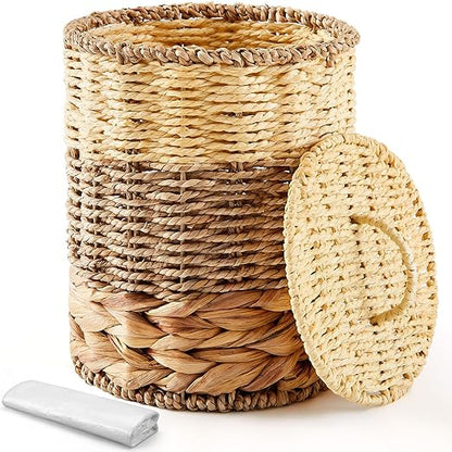 Ctosree 1.3 Gallons Small Trash Can with Lid Handle Boho Woven Braided Bathroom Waste Basket Trash Can with 100 Garbage Bags for Bedroom Office Laundry(Braided Wicker, Primary Color)