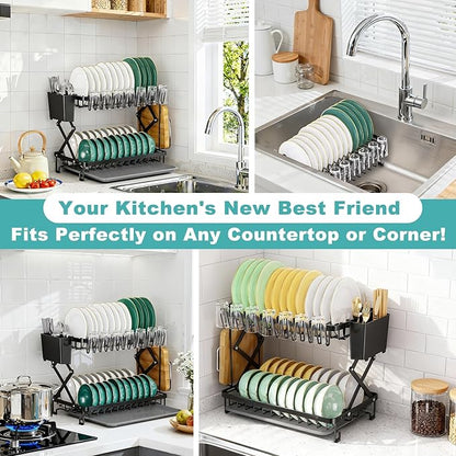 2-Tier Dish Racks for Kitchen Counter, Stainless Steel Kitchen Dish Drying Rack Large Dish Drainers for Kitchens Counter, Space Saving Dishes Strainer for Bowl, Plate, Cup - Modern Counter Organizer