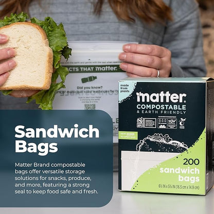 Matter Compostable Sandwich Bags for Food Storage, Eco-Friendly, Resealable, 200 Count