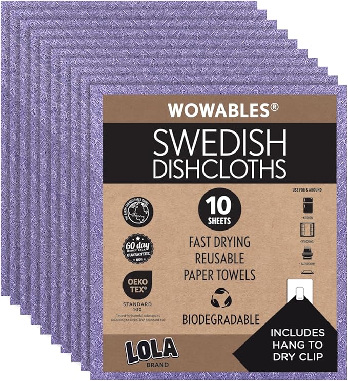 LOLA Swedish Dishcloths for Kitchen 10 Sheets, Biodegradable & Compostable Reusable Paper Towel Cleaning Cloths No Odor Washing Dishes Ultra Absorbent Cellulose Sponge Towel Made in Germany