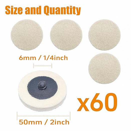 Merryland Wool Quick Change Disc 2 inch for Die Grinder, 2inch Polishing Buffing Pad 60 Pack, Wool Fabric Disc Polishing Buffing Wheel Metal Steel Iron Universal, DGTAB60C1