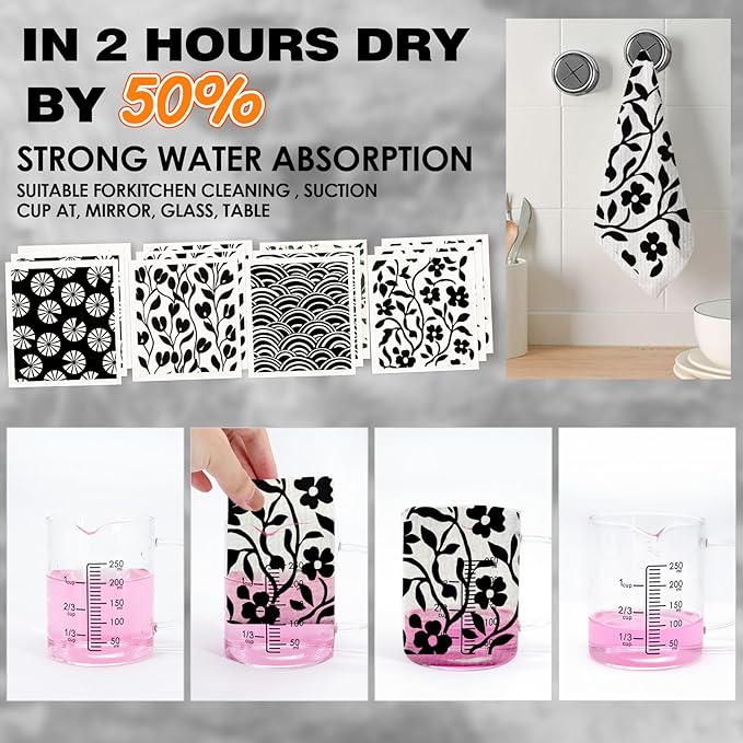 12 Pack Swedish Dishcloths with 2 Push Towel Hooks - Super Absorbent Dish Rags for Washing Dishes, Quick Drying Wash Cloth for Kitchen Cleaning- Black Set