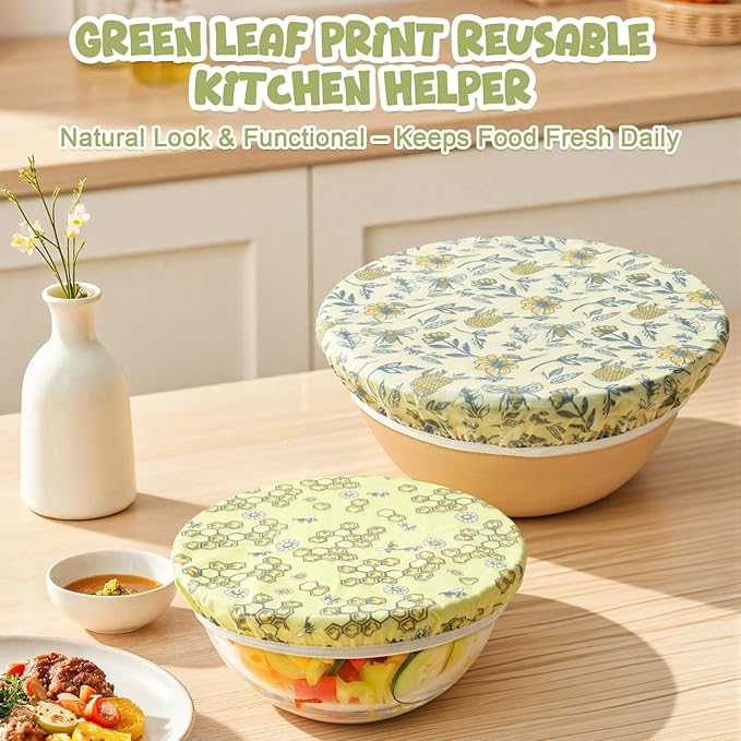 2-Pack Reusable Beeswax Bowl Covers with Bee Pattern, 10/12 Inch Elastic Cotton Food Storage Covers for Bread Proofing, Sourdough Dough & Kitchen Containers