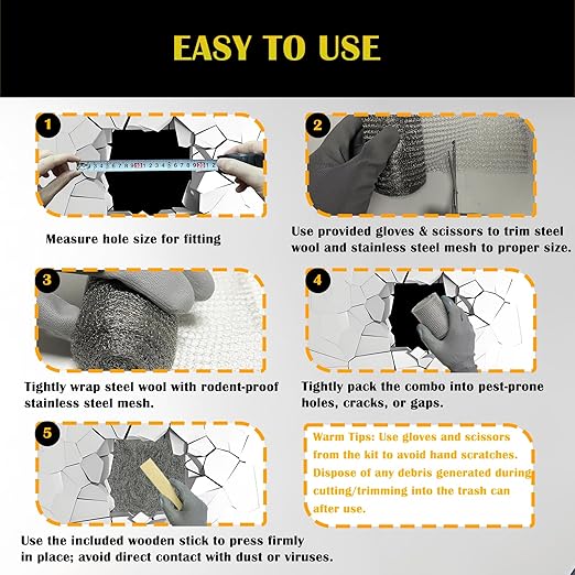 Steel Wool Mice Control - 3 Packs 2.75" x 12.5 FT 0000 Steel Wool & 1 Pack 5" x 19.6 FT Wire Mesh Kit with Wooden Stick, Gloves and Scissors, Rodent Mouse Hole Filler for House Garage Garden Wall Gaps