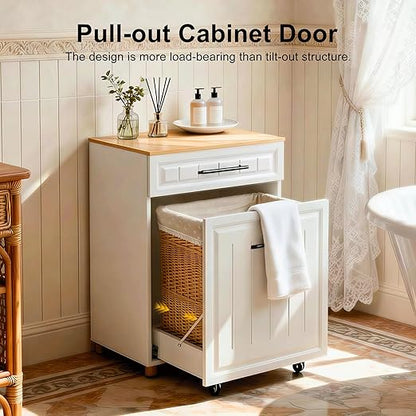 ZIFTY Double 2×10 Gallon Pull Out Trash Can Cabinet, Pet Proof Freestanding Kitchen Trash Bin Cabinet with Drawer, Wooden Garbage Recycling, Laundry Hamper, Modern Farmhouse Waste Bin Furniture, White