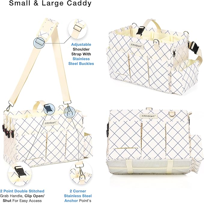 Cleaning Caddy for Cleaning Supplies - Large Cleaning Bag Organizer Tote with Shoulder Strap, Mesh Base & Adjustable Dividers - Heavy Duty Cleaning Bags for Housekeepers (Blue Check, Large)