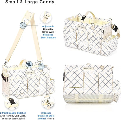 Cleaning Caddy for Cleaning Supplies - Large Cleaning Bag Organizer Tote with Shoulder Strap, Mesh Base & Adjustable Dividers - Heavy Duty Cleaning Bags for Housekeepers (Blue Check, Large)