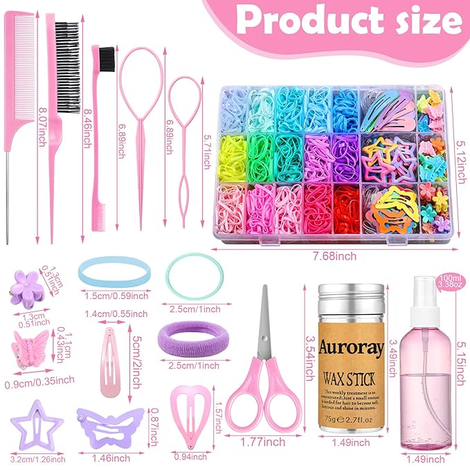 auroray Hair Accessories for Girls, 1700 Pcs Colorful Hair Rubber Bands Elastic Hair Ties Hair Clips Hair Wax Stick Spray Bottle Hair Styling Tools with Organizer Box