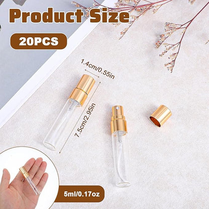 20 Pack 5ml Atomizer Glass Spray Bottles, Mini Perfume Spray Bottle, Fine Mist Atomizer Glass Bottle, Travel Size Mini Spray Bottles for Fragrance, Essential Oils, DIY Samples (Gold)