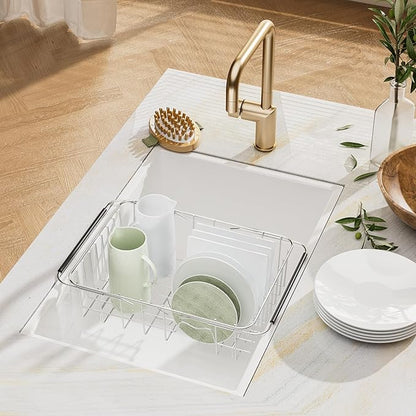JAQ Over Sink Dish Drying Rack, Expandable 14.96"–22.44" Adjustable Dish Rack for Kitchen Sink, 304 Stainless Steel Dish Drainer with Utensil Holder, Space Saving for Small Sink