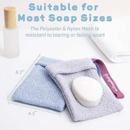 myHomeBody Soap Pocket for Gentle Exfoliating, Lather Mesh Bag, Body Scrubber Exfoliator, Pouch for Shower, Leftover Bits Saver, Light Blue, Gray - 2 Pack