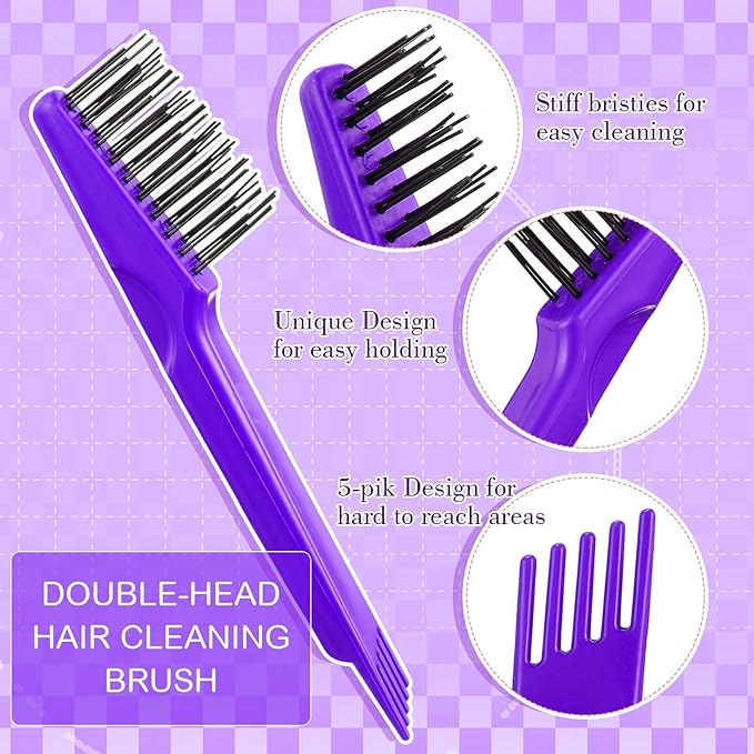 Boao 2 Pieces Hair Brush Cleaning Tool Comb Cleaner Brush Mini Comb Cleaning Hair Remover Tool for Removing Dust Home and Salon Use(Purple, Wood Color,Polished Wooden Handle Rake)