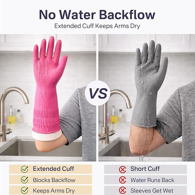 Cleaning Rubber Gloves, Waterproof Non-Slip Long Cuff Dishwashing Household Kitchen Gloves
