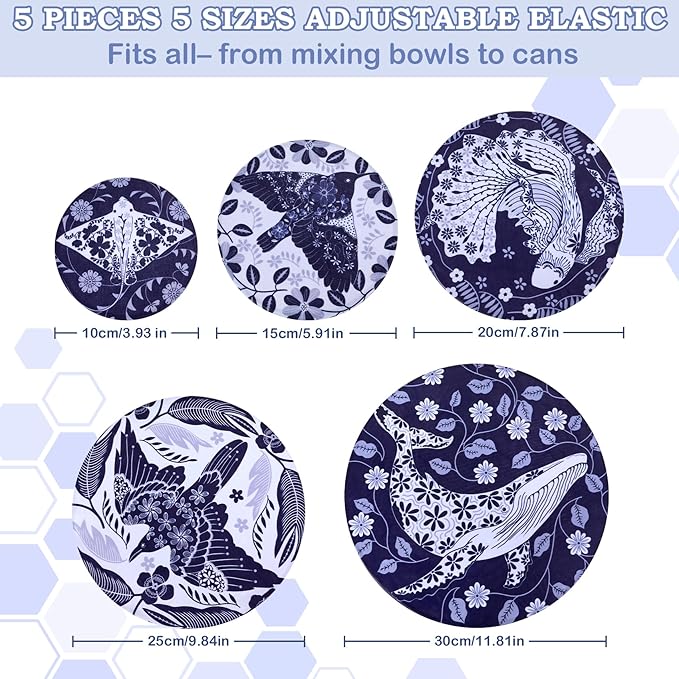 5-Size Reusable Beeswax Bowl Covers for Bread Proofing, Cotton Cloth Flexible Beeswax Wraps for Food Storage(Humpback Whale)