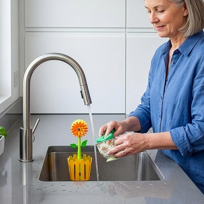 Vigar Flower Power Kitchen Sink Caddy Organizer - Dish Sponge Holder with Flower Dish Brush, Suction Cup & Sponge for Kitchen Sink, Decorative Kitchen Sink Accessories Countertop Storage Set - Orange