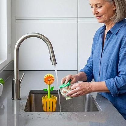 Vigar Flower Power Kitchen Sink Caddy Organizer - Dish Sponge Holder with Flower Dish Brush, Suction Cup & Sponge for Kitchen Sink, Decorative Kitchen Sink Accessories Countertop Storage Set - Orange