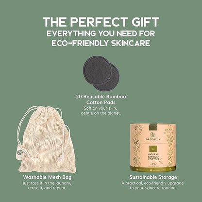 Greenzla Reusable Makeup Remover Pads - 20 Pack Organic Dark Charcoal Bamboo Cotton Pads with Mesh Laundry Bag, Cotton Travel Pouch, & Cotton Rounds Holder, Sustainable Face Wipes for All Skin Types