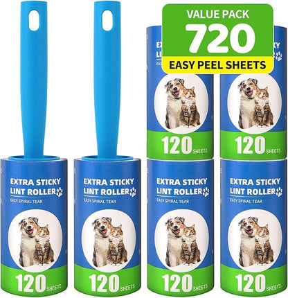 Extra Sticky Lint Roller Refills 6 Pack (720 Sheets) fit 3.8"-4" Standard Size Lint Roller Sticker with Handle, Inner Diameter at 1.5" for Pet Hair, Clothes, Furniture, Cars