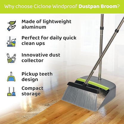 Broom with Dustpan Combo Set with Long Handles - Lightweight Indoor & Outdoor Broom and Dustpan Set for Home & Office - Broom with Stand Up Dustpan and Innovative Dust Collector